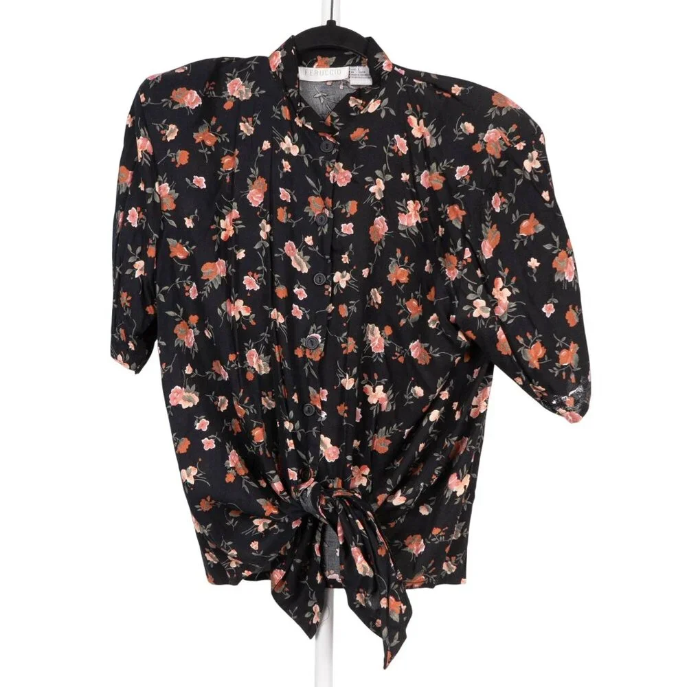 Feruccio VTG Outfit M Women Floral Button Up Tie Shirt Elastic Waist Pants Black - Picture 2 of 7